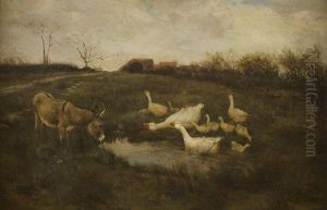 Donkeys And Geese At A Pond by William Henderson