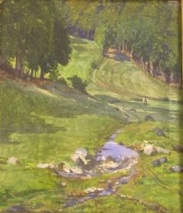 Pastoral Watercolor Landscape With Stream by Richard Hendorf