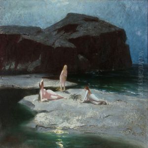 Moonlit Night With Three Girls Skinny Dipping by Hermann Hendrich