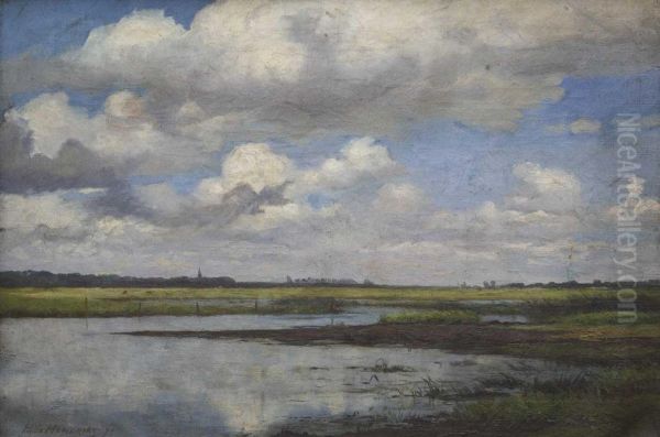 Sommerlandschaft Mit Weitem Himmel Sowie Kuhen Und Stadtsilhouette In Der Ferne - view 1