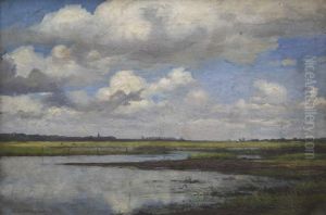 Sommerlandschaft Mit Weitem Himmel Sowie Kuhen Und Stadtsilhouette In Der Ferne by Barend Leonardus Hendriks