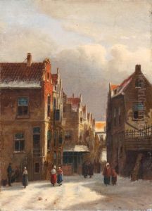 A Winter Scenewith Some Passers-by In The Boterstraat At The Dutch Town Ofutrecht On A Snowy Day by Frederik Hendrik Hendriks
