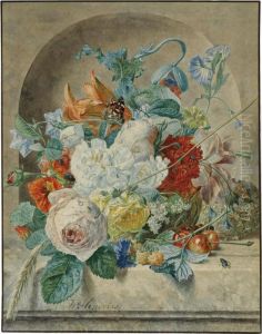 Still Life Of Flowers And Fruit In A Niche, With A Bird's Nest