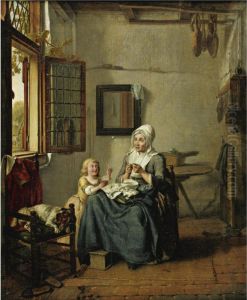 Interior With A Woman And Child Sewing By An Open Window, A Dog Asleep In A Chair by Wijbrand Hendriks