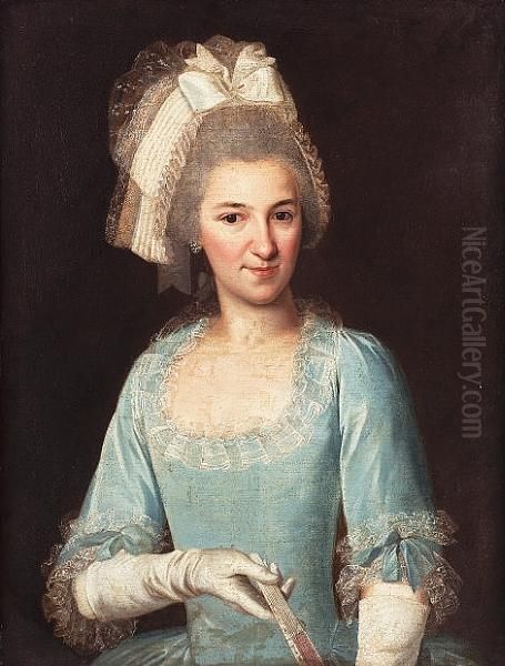 Portrait Of A Lady, Half-length, In A Turquoise, Lace-edged Dress And White Gloves, Holding A Fan - view 1