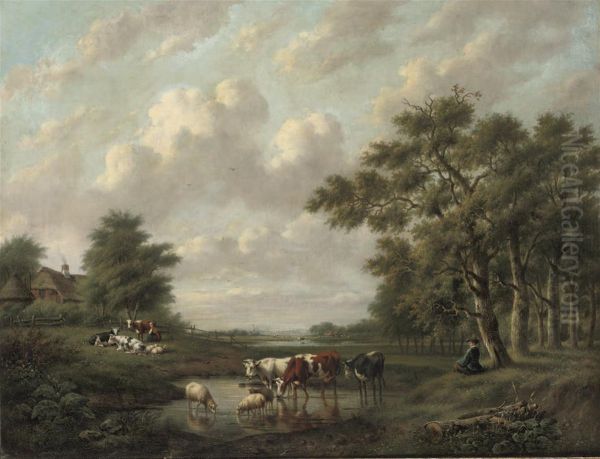 A Shepherd And Shepherdess With Their Flock Near A Pond - view 1