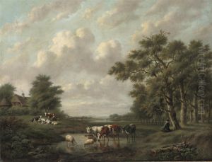 A Shepherd And Shepherdess With Their Flock Near A Pond