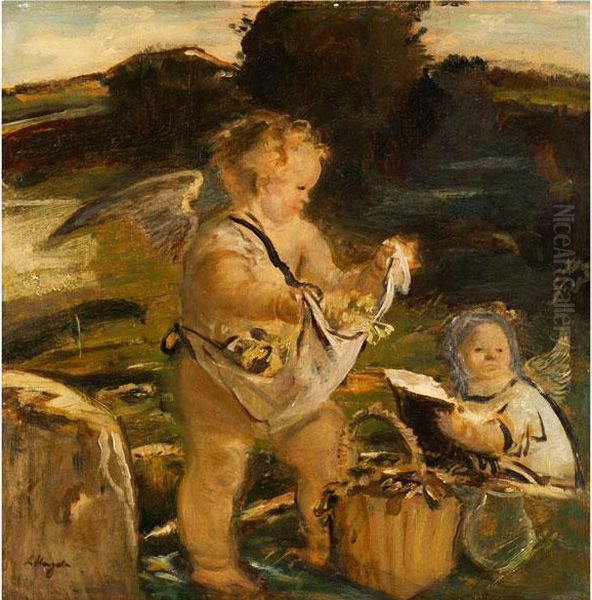 Zwei Geflugelte Putten In Einer Landschaft - view 1