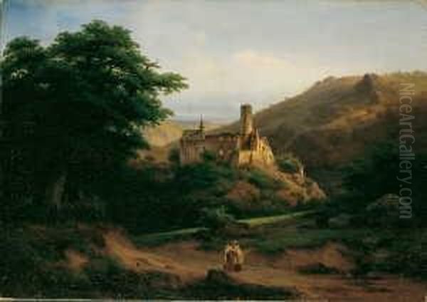 Mittelgebirgslandschaft Mit Burgruine Und Zwei Monchen. Signiert Und Datiert Unten Links: F. Hengsbach 1846. Ol Auf Leinwand (doubliert). H 57; B 80 Cm. - view 1