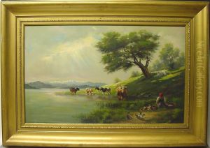 Bauerin Mit Kuhen Und Anderen Tieren An Einem See by Paulus Hennekyn