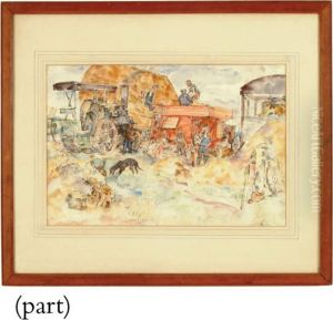 Soldiers Threshing, Sheepcotes Farm, Clifford, Herefordshire by Thomas Barclay Hennell