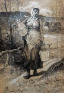 A Milk Maid Carrying A Churn And Abucket