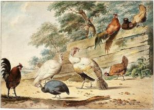 Turkeys, Chickens And A Guinea Fowl By A Wooden Fence by Christiaan Henning