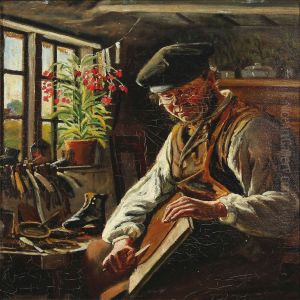 The Shoemaker At Work by Frants Peter Didrik Henningsen