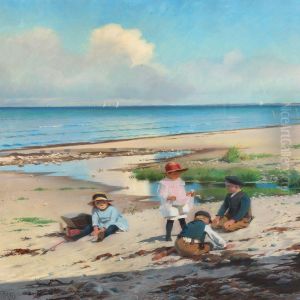 Summer Day On The Beach At Hornb k With Childrenplaying by Frants Peter Didrik Henningsen