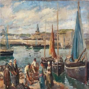 Harbour Scene With Fishermen, Presumably From Brittany