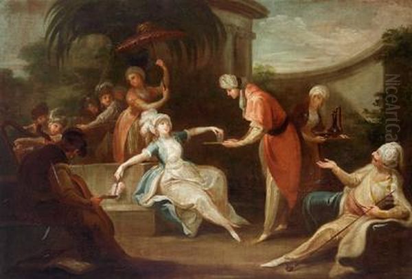Quattro Scene Pendant In Un Serraglio: Un Sultano Compra Una Giovane Donna E Le Porge Un Anello D""""oro; Una Chiromante Legge La Mano Ad Un""""odalisca; Alcuni Pirati Offrono Ad Un Sultano Una Fanciulla Svenuta Che Hanno Rapito - view 1