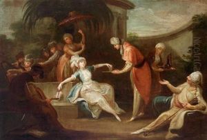 Quattro Scene Pendant In Un Serraglio: Un Sultano Compra Una Giovane Donna E Le Porge Un Anello D""""oro; Una Chiromante Legge La Mano Ad Un""""odalisca; Alcuni Pirati Offrono Ad Un Sultano Una Fanciulla Svenuta Che Hanno Rapito by Johann-Josef Karl Henrici