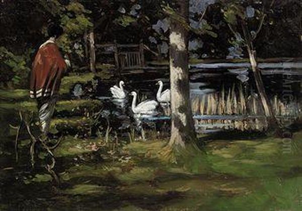 Japanese Woman Beside A Lake With Swans - view 1