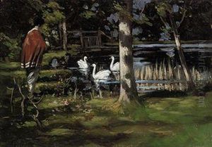 Japanese Woman Beside A Lake With Swans