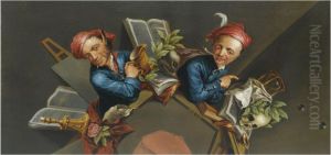 An Anamorphic Trompe L'oeil With A Vanitas Still Life Representing A Man With Faun's Ears And A Man Smoking A Pipe, With An Optical Device With Mirrors