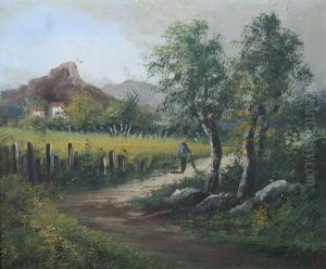 Country Road With Distant Farmhouse by Louis Henry