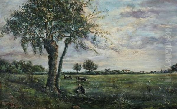 Young Girl And Cows In A Field - view 1
