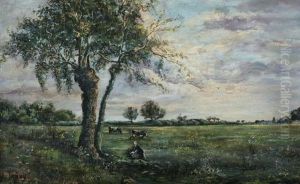 Young Girl And Cows In A Field by Louis Henry