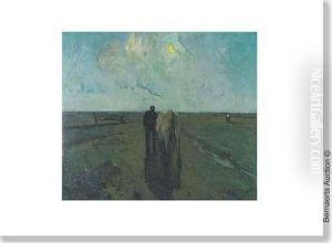 Farmer Withcow On The Country Road At Moonlight by Frans Hens