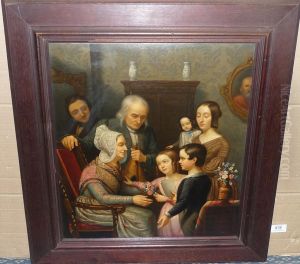Family Group In An Interior, With A Boy And Girl In The Foreground, Flowers In A Vase Nearby by Wilhelm Hensel