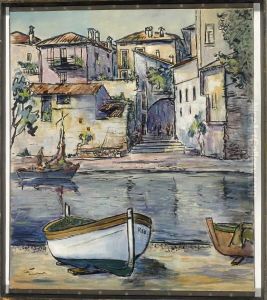 Boote Am Flussufer In Einer Sudlandischen Stadt Mit Personenstaffage by Ernst Henseler