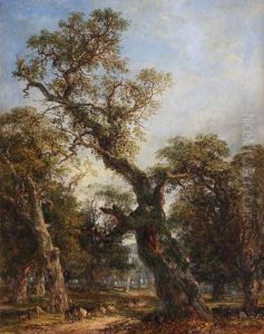 Deer In A Wooded Parkland by Frederick Henry Henshaw