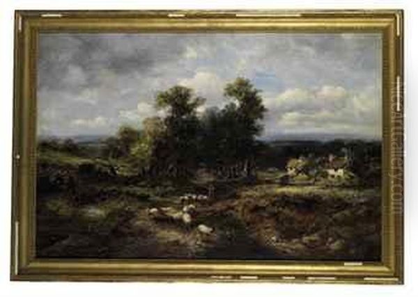 A Shepherd And His Flock On A Country Track, Cottages Beyond - view 1