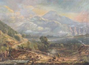 Figures By A Bridge In A Lakeland Landscape by Frederick Henry Henshaw