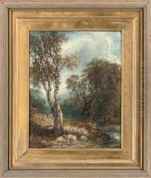 A Shepherd And His Flock By A Stream - view 1