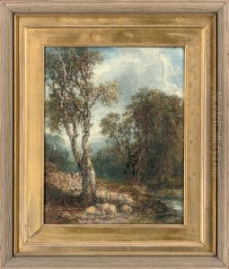 A Shepherd And His Flock By A Stream by Frederick Henry Henshaw