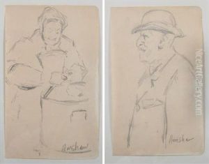 Portrait Of A Gentleman In A Hat And Woman Peeling Potatoes by Glenn Cooper Henshaw