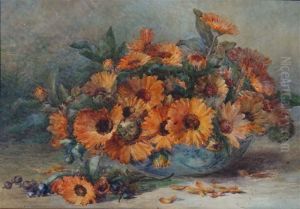 Orange Calendula In A Blue Bowl by Marie Hensley