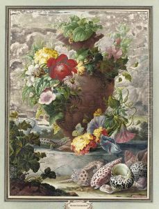 A Spray Of Chrysanthemums, A Fritillary, Pink Hollyhock, Morningglory And A Red Dahlia In An Urn, With Various Shells And A Lizardin The Foreground by Herman Henstenburgh