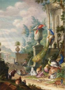Peacocks, A Parrot And Other Fowl, Watched By A Spaniel, In A Classical Park Landscape by Herman Henstenburgh