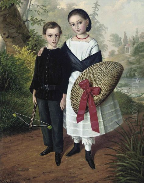 Portrait Of A Brother And Sister, Full-length, He In A Black Suitholding A Bow, She In A White Dress With A Black Shawl Holding Ahat, In A Landscape - view 1