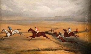 Indistinctly Signed And Dated 1850 Oilon Canvas Titled steeple Chasing 13 X 22