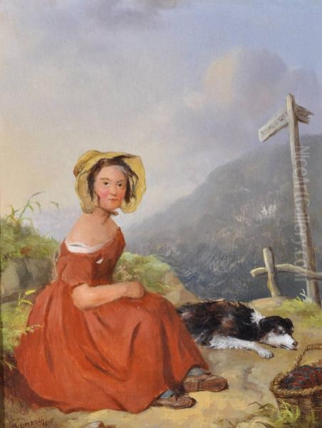 Woman And Dogresting On A Hilltop Path - view 1