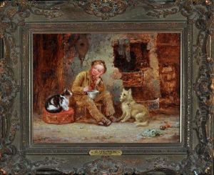 A Boy Seated At A Fireside Accompanied By His Cat And His Dog by George Hepper