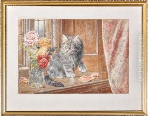 A Kitten On A Window Shelf Inspecting A Vase Of Flowers by Wilson Hepple