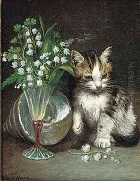 A Kitten With A Shell And Flowers In A Glass Vase - view 1