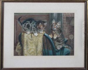 Two Kittens Playing On A Fireside Chair by Wilson Hepple