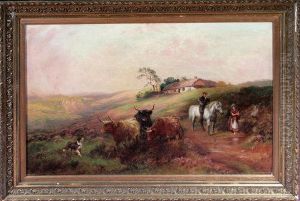 A Highland Crofter And His Wife With Their Dog And Three Long-horn Cattle A Highland Crofter And His Wife With Their Dog And Three Long-horn Cattle