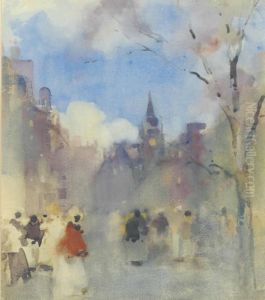 Figures On The Royal Mile, Edinburgh With St. Giles' Cathedral In The Distance by James Watterston Herald