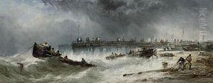 Fishermen Landing The Day's Catch And Sorting Their Nets On The Pier At Yarmouth by Alfred Herbert